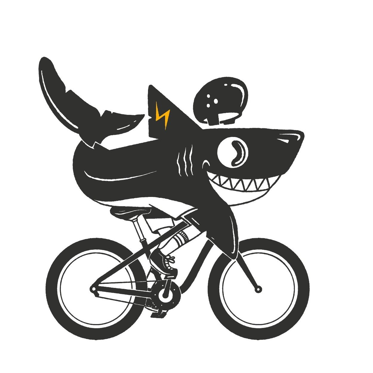 Ilustración de la mascota, un tiburón montando una bicicleta
